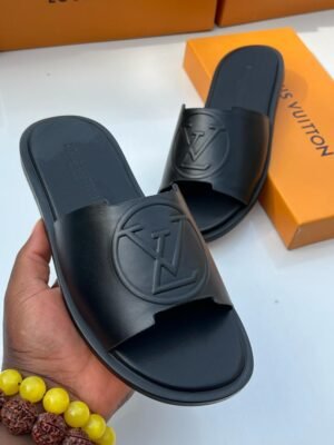 LV Monogram Embossed Leather Slides (Black)