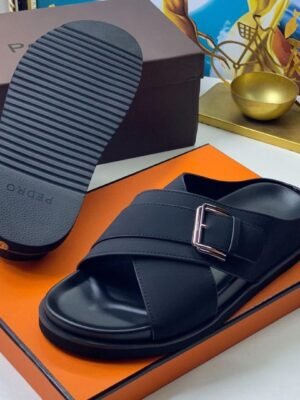 Pedro Black Leather Cross-Strap Buckle Sandals