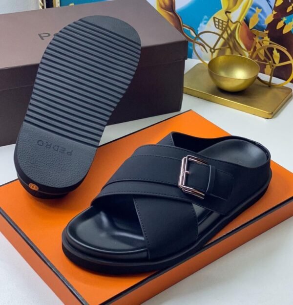 Pedro Black Leather Cross-Strap Buckle Sandals