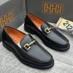 Men's Black Leather Loafers with Gold Buckle | Tconcorde