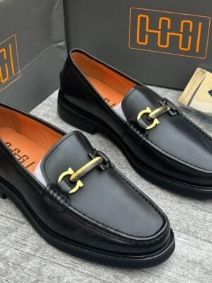 Men's Black Leather Loafers with Gold Buckle | Tconcorde
