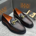 Brown Leather Loafers with Gold Buckle | Tconcorde