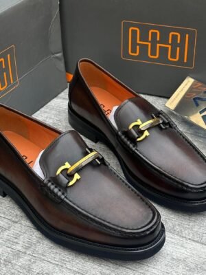 Brown Leather Loafers with Gold Buckle | Tconcorde