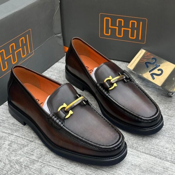 Brown Leather Loafers with Gold Buckle | Tconcorde
