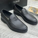 Black Leather Shoe with Embroidered Logo | Tconcorde