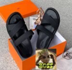 Black Leather Double Strap Slide Sandals Tconcorde