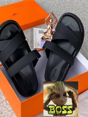 Black Leather Double Strap Slide Sandals Tconcorde