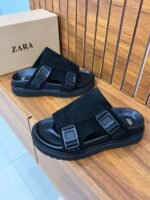 Zara Black Double Buckle Suede Slide Sandals for Men | Tconcorde