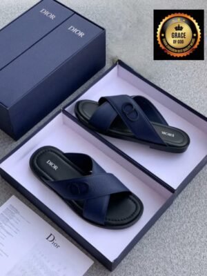 Authentic Dior Navy Blue Leather Slide Sandals | Tconcorde