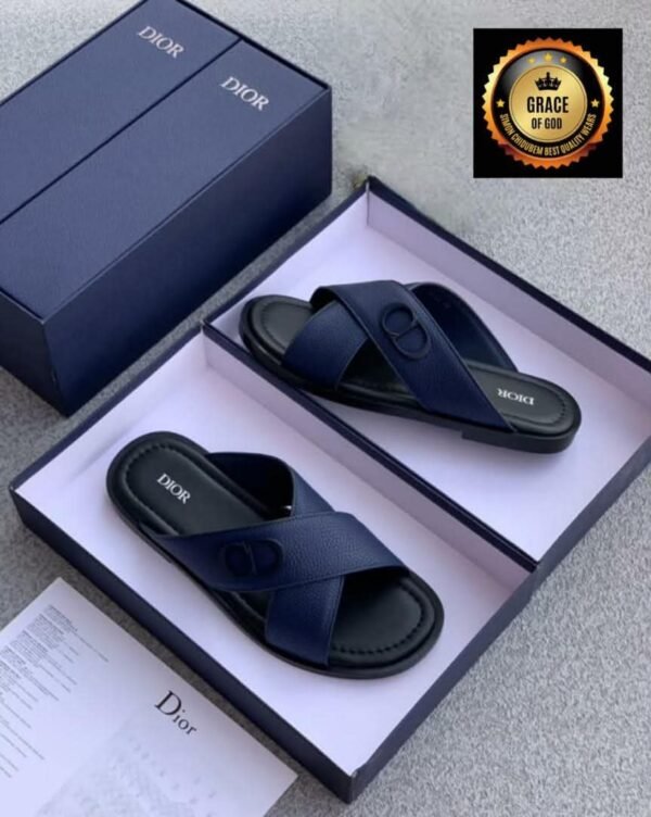 Authentic Dior Navy Blue Leather Slide Sandals | Tconcorde