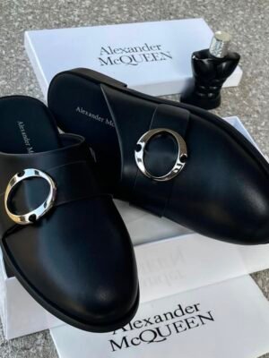 Alexander McQueen Black Leather Mule Shoes with Gold Buckle | Tconcorde