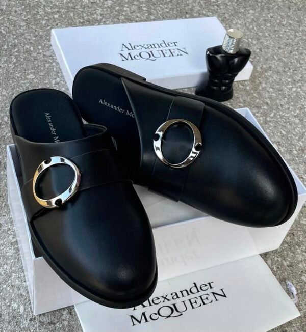 Alexander McQueen Black Leather Mule Shoes with Gold Buckle | Tconcorde