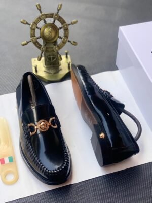 Premium Black Leather Loafers with Gold Buckle | Tconcorde