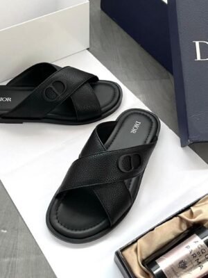 Premium Black Leather Dior Slides for Men and Women | Tconcorde