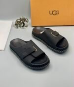 Grey UGG Slide Sandals with Gold Accents and Stitched Sole | Tconcorde