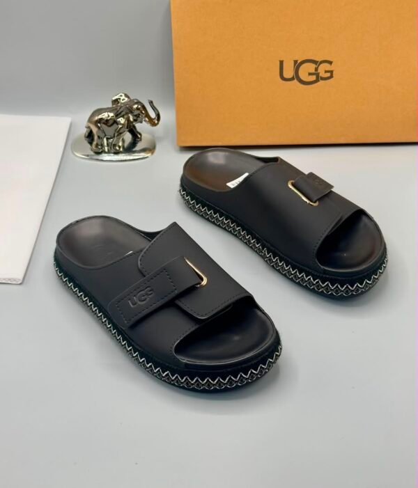 Grey UGG Slide Sandals with Gold Accents and Stitched Sole | Tconcorde