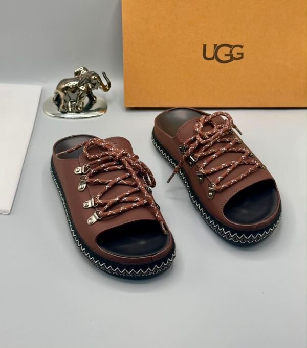 Black Leather UGG Sandals with Zigzag Stitch and Metal Buckles | Tconcorde