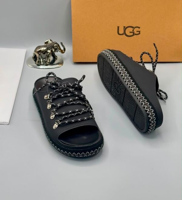 Black Leather UGG Sandals with Zigzag Stitch and Metal Buckles | Tconcorde