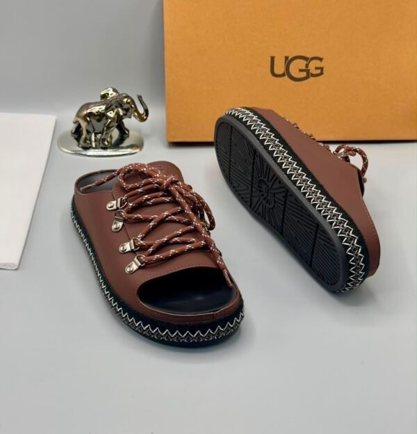 Black Leather UGG Sandals with Zigzag Stitch and Metal Buckles | Tconcorde