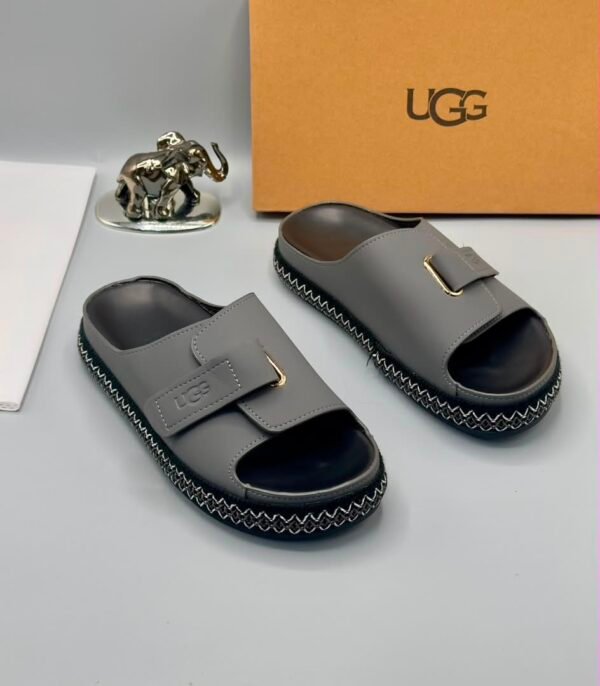 Grey UGG Slide Sandals with Gold Accents and Stitched Sole | Tconcorde