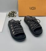 Black Leather UGG Sandals with Zigzag Stitch and Metal Buckles | Tconcorde