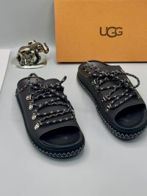 Black Leather UGG Sandals with Zigzag Stitch and Metal Buckles | Tconcorde