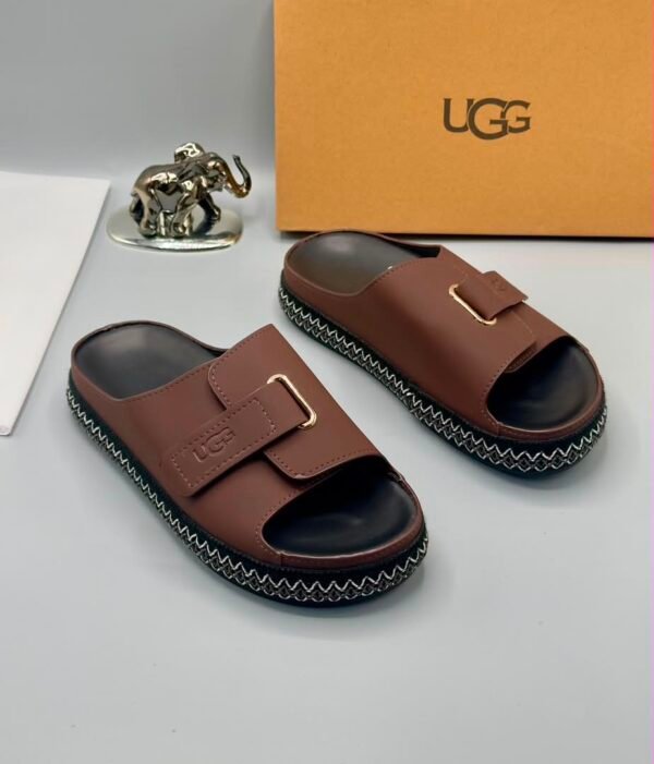 Grey UGG Slide Sandals with Gold Accents and Stitched Sole | Tconcorde