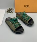 Black Leather UGG Sandals with Zigzag Stitch and Metal Buckles | Tconcorde