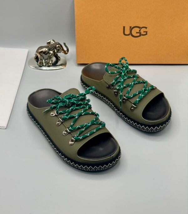 Black Leather UGG Sandals with Zigzag Stitch and Metal Buckles | Tconcorde