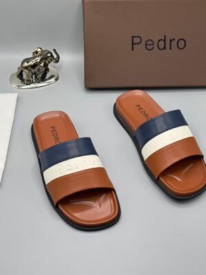 Pedro Brown Navy Blue White Strap Slides | Tconcorde