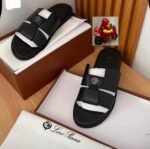 Premium Black Loro Piana Slides with Two Wide Straps and Logo | Tconcorde