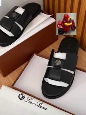 Premium Black Loro Piana Slides with Two Wide Straps and Logo | Tconcorde